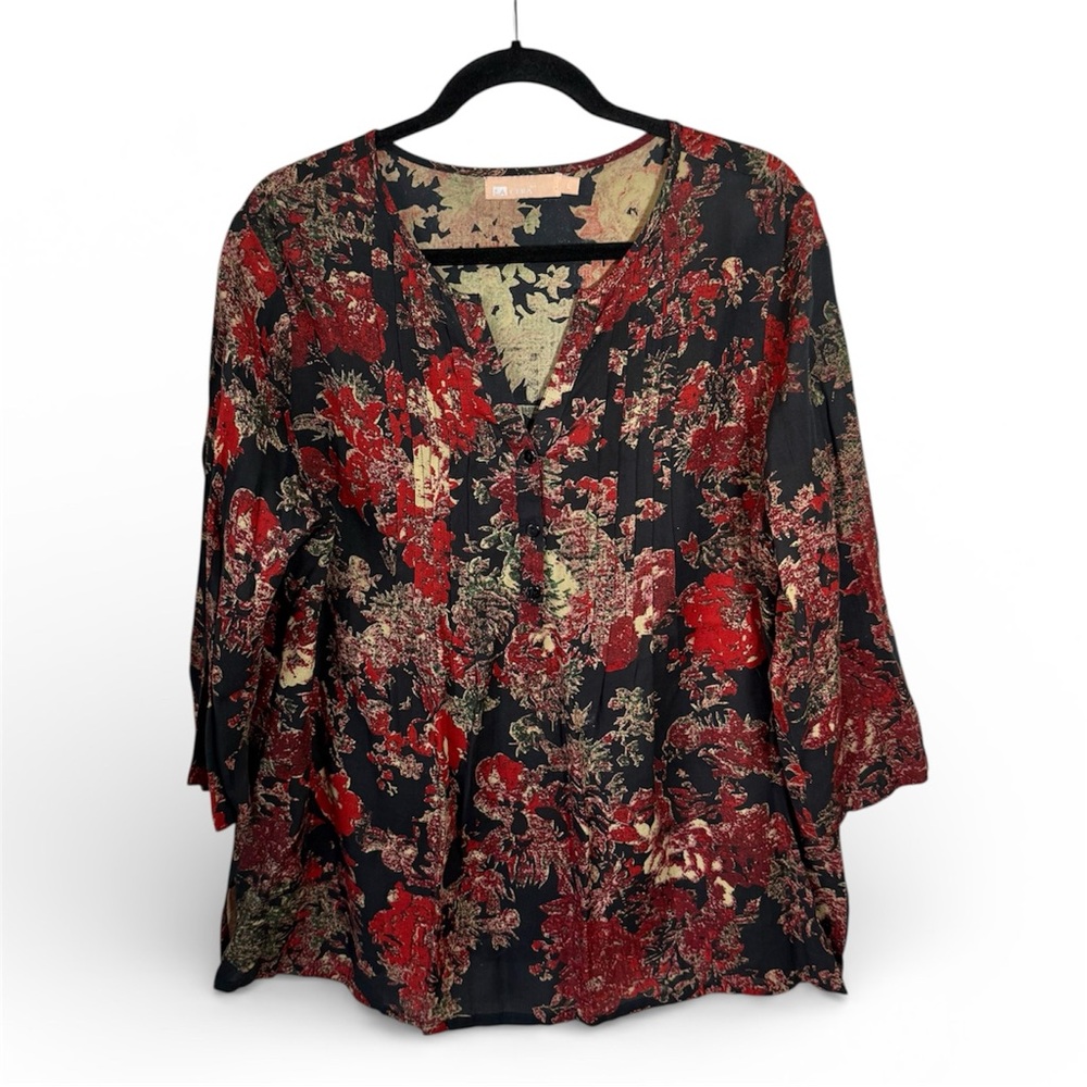 LA Cera Women's Tunic Blouse Large Red Floral Long Sleeve Top Breathable Boho